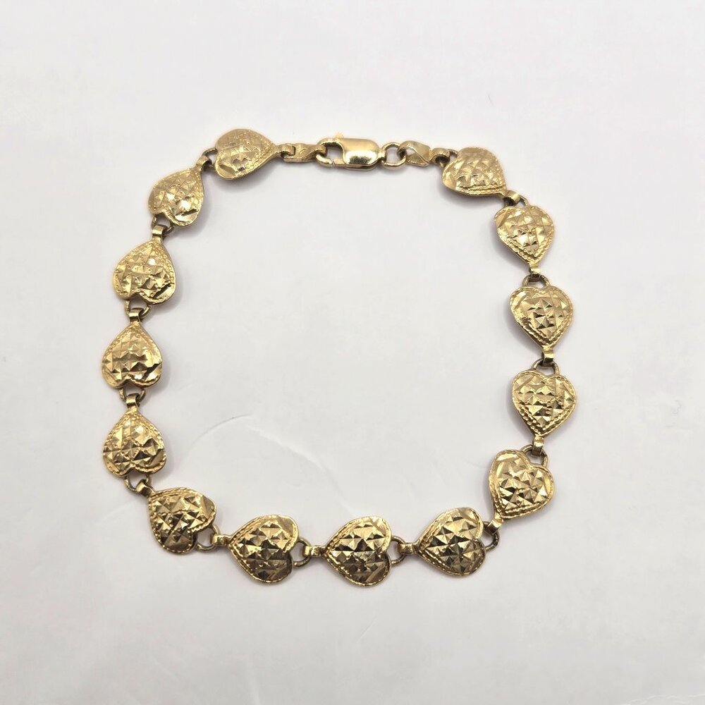 10K Yellow Gold  Diamond Cut Heart Link Bracelet - 6g